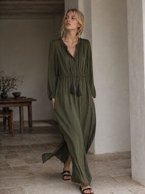 THE KOOPLES French Luxury Olive Green Maxi Dress NWT Tassel Tie Minimalist